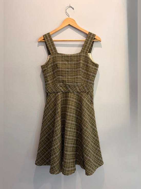 Handmade Dresses & Skirts - Handmade Cotton Plaid Olive Green Square-Neck A-Line Skater Dress